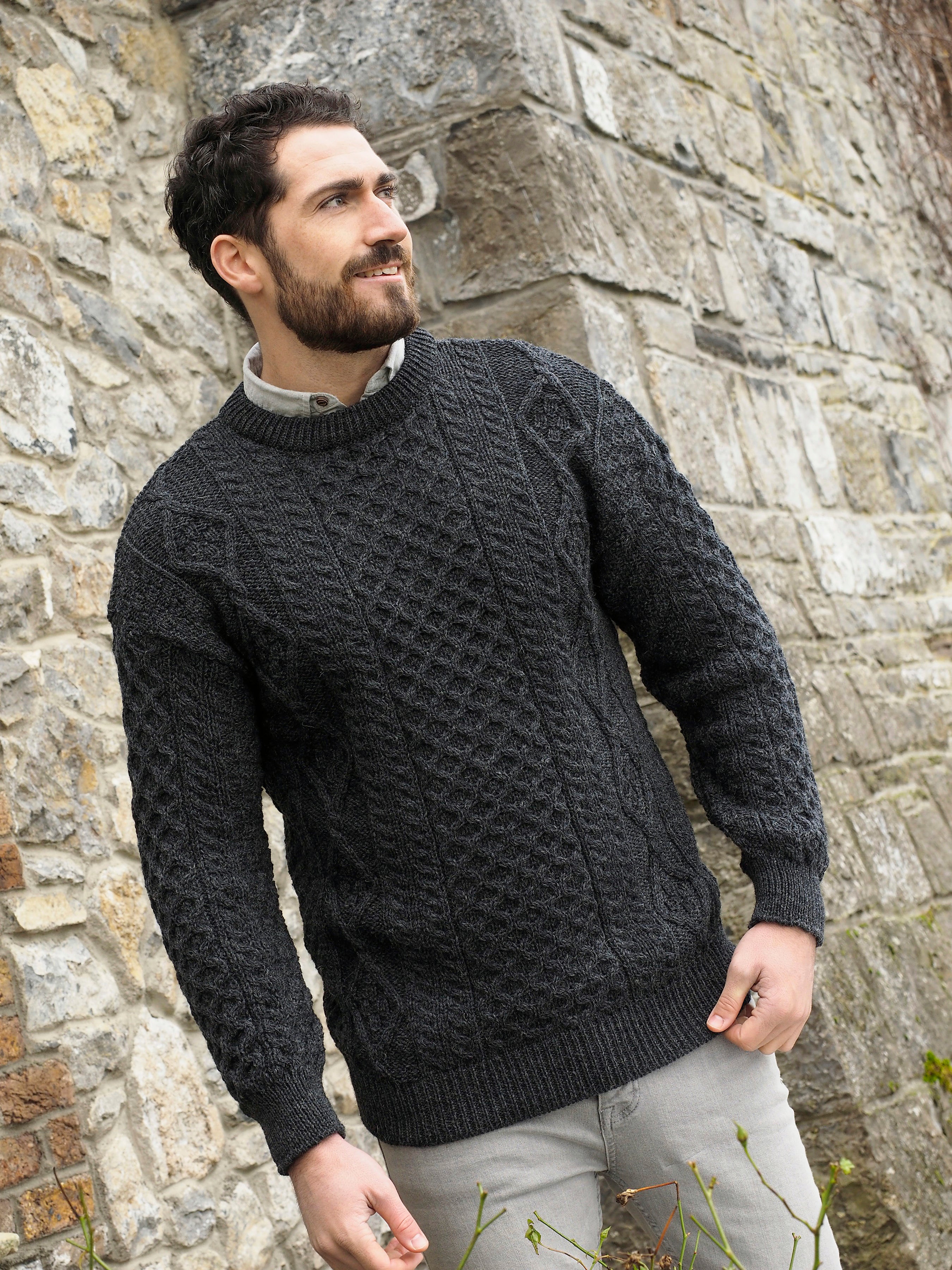Traditional Aran Sweater - 100% pure new wool - bottle green